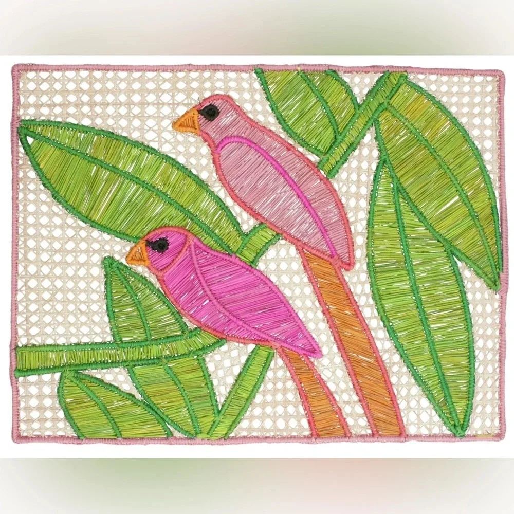 Rare Mercedes Salazar Maria Rectangular Individual Raffia Pink Bird Placemat EUC